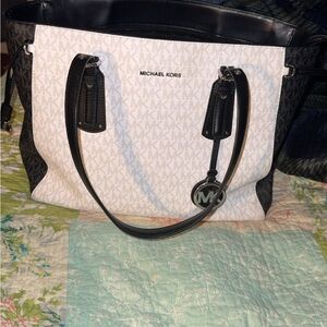 Michael Kors White and Black MK Monogram Tote
